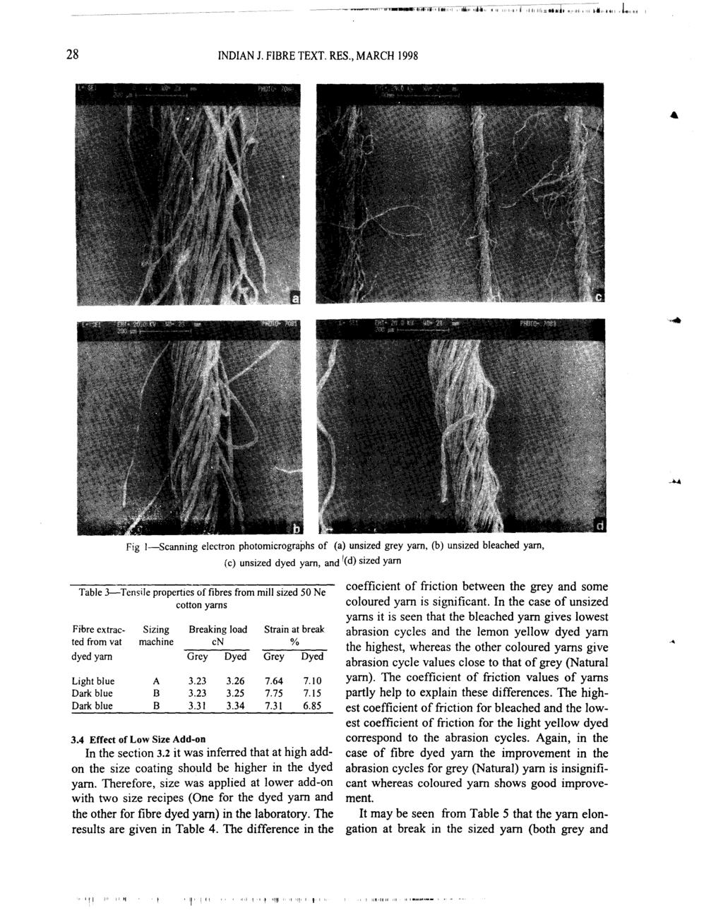 28 INDIAN J. FIBRE TEXT. RES., MARCH] 998 Fig I-Scanning electron photomicrographs of (a) unsized grey yam, (b) unsized bleached yam, (c) un sized dyed yam, and I(d) sized yam Table 3-3.23 3.