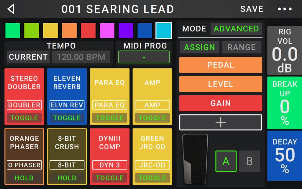 Hardware Assign The Hardware Assign screen enables you to customize how the HeadRush Pedalboard s footswitches, expression pedal, and parameter knobs control each rig.
