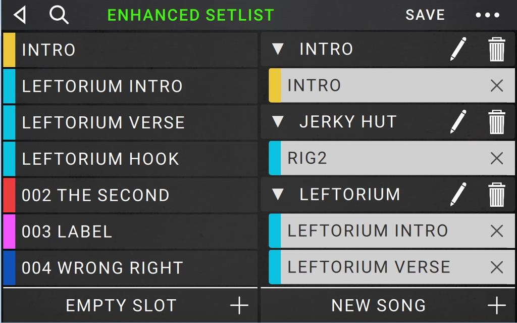 Setlists A song is a group of rigs that are sorted together for optimal organization. A setlist is a saved collection of songs and rigs arranged in a customized order.