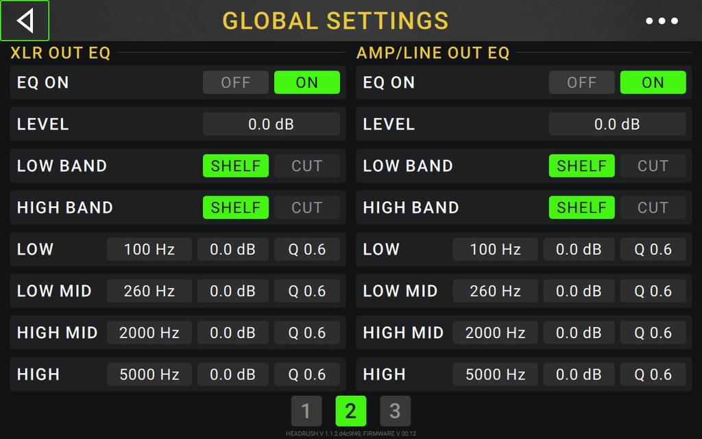 XLR Out EQ & Amp/Line Out EQ: These settings on Page 2 determine if/how equalization is applied the XLR outputs (the settings on the left half of the page) and/or the 1/4 (6.