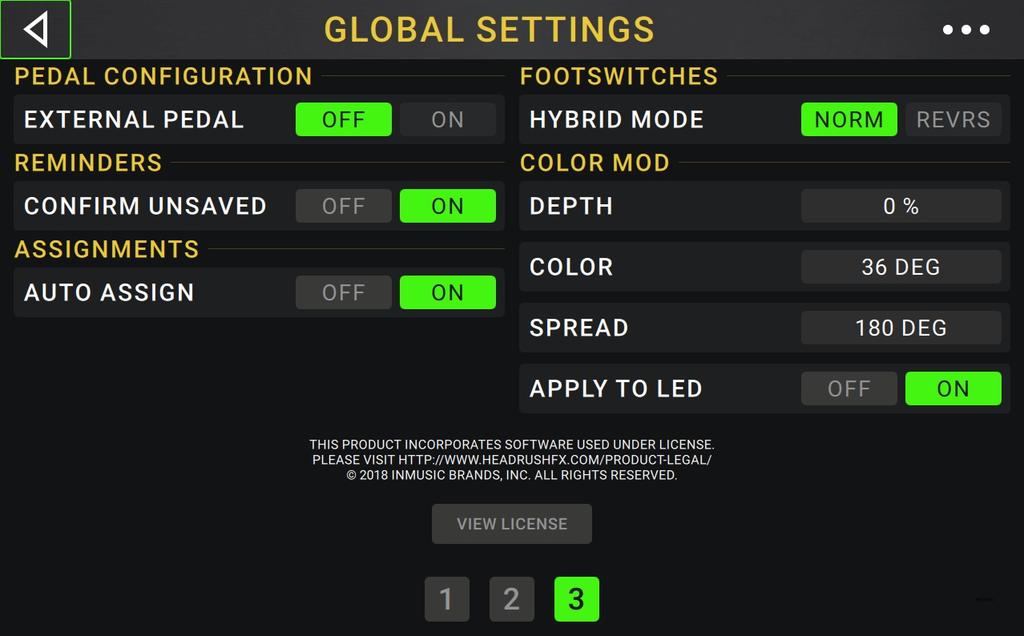 Pedal Configuration: External Pedal: This setting determines whether or not you are using an external expression pedal with the HeadRush Pedalboard.