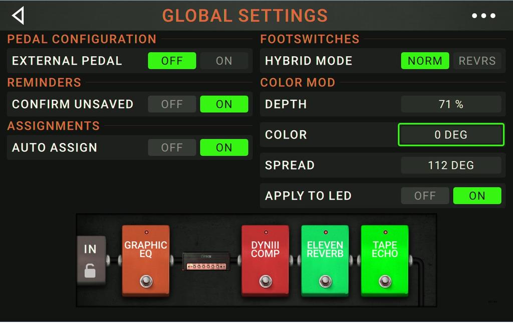 Color Mod: If you have trouble distinguishing certain colors on your Pedalboard s display or if you just want to further customize the color scheme, you can use the color mod parameters to adjust