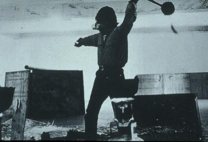 Richard Serra, Splashing 1968 originated with a list of verbs associated with sculpture leading to this performance where he threw molten lead against the wall in