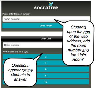 Socrative This is a questioning device. You create a quiz and they can sit this at their own pace or you can put a timer on it so that it ends at a certain point.