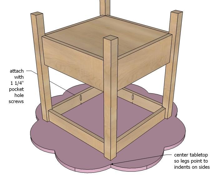 [26] The top will attach perfectly to the base. Line leg outside corners up with a inside point on flower top, center so all points are equal distance from leg corners, and screw base to tabletop.