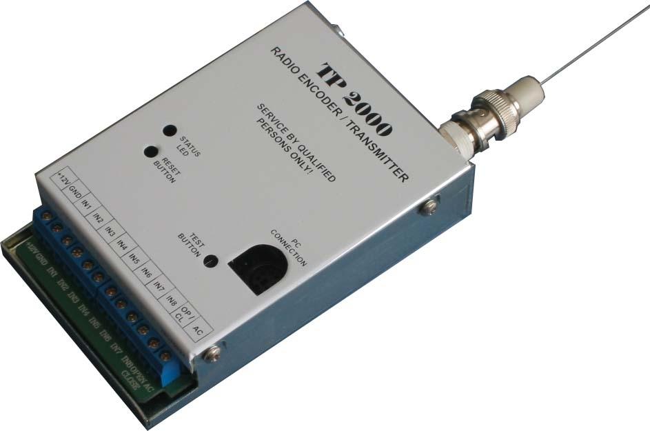 Long range radio transmitter Inputs - 8 general purpose inputs - IN1 to IN8-1 input for AC mains power supply monitoring - AC - 2 inputs for power supply - +12 and GND Messages from transmitter - Low
