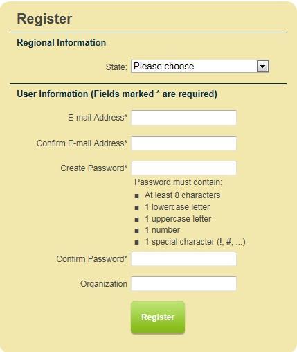 Registration Screen 5) Registration Screen: Select your State and County affiliation from drop down lists. Enter your official government email, and confirm.