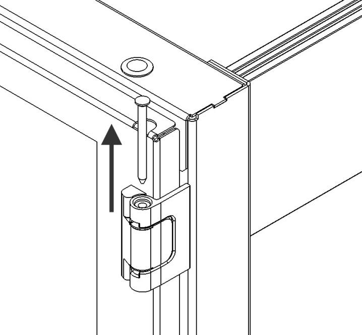 Installing Front Door: 1. Hold door in partially open position and align hinges on door with hinges on frame and slide hinges together. 2. Insert hinge pin in upper hinge. 3.