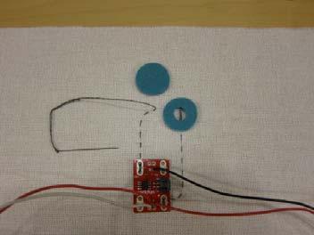 You will use conductive thread and felt to sew a button. When you push the felt, two pieces of conductive thread inside of the button will touch, turning on the circuit. 1.
