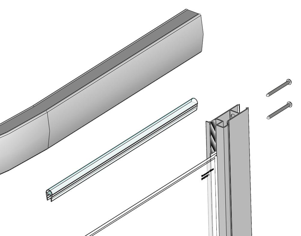 Align horizontal rail & affix with 3,5 x 40 long screws (2 per corner). 3. On tightening screws, ensure Gaskets are not pinched in joint between rails. B 4.