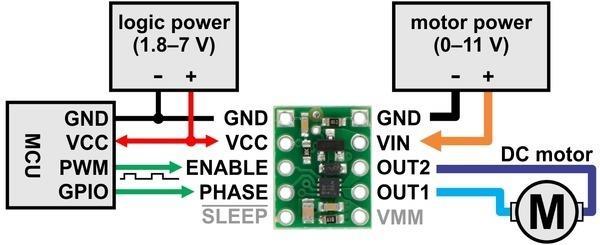 POLOLU DRV8838 SINGLE BRUSHED DC MOTOR DRIVER CARRIER USER S GUIDE USING THE MOTOR DRIVER Minimal wiring diagram for connecting a microcontroller to a DRV8838 Single Brushed DC Motor Driver Carrier.