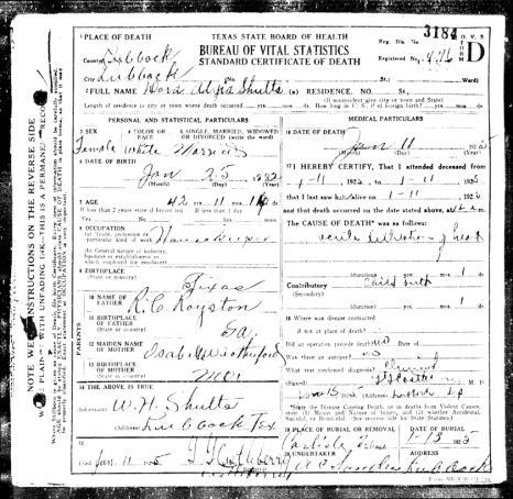 Dora s death certificate, 1925 Texas State Board of Health, death certificate, Dora Algia Shults, Reg. Dis. No 3184, Registered No. 476.