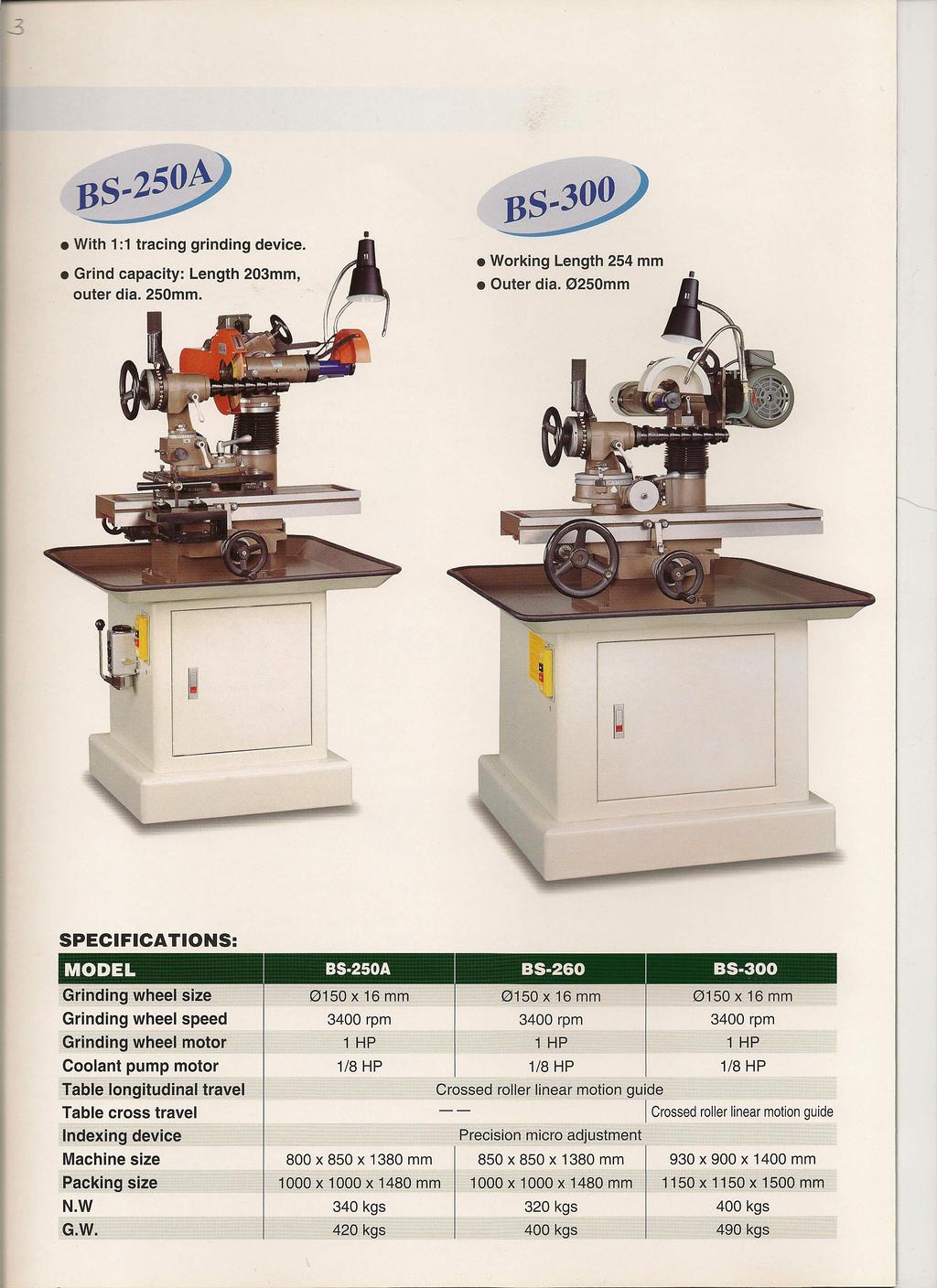 With 1:1 tracing grinding device. Working Length 254 Grind capacity: Length 203, outer dia. 250. Outer dia.