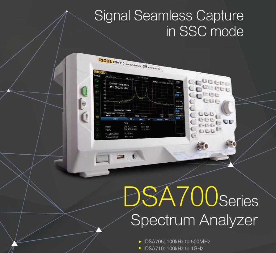 DSA700 Series Spectrum Analyzer Product Features: All-Digital IF Technology Frequency Range from 100 khz up to 1 GHz Min. -155 dbm Displayed Average Noise Level (Typ.) Min.