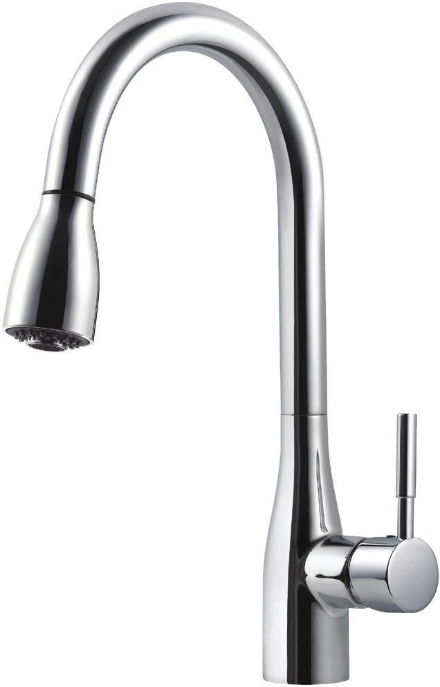 Cherbourg 500110 Transitional Pull-Down, Single Handle Kitchen Faucet Features: Brass Construction 360 Degree Spout Rotation Dual Function Pull-Down Spray, with Push Button Spray Mode Ceramic Disc