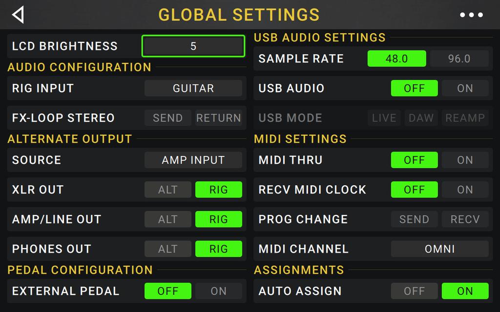 Global Settings Use the global settings to configure the HeadRush Pedalboard s overall operation.