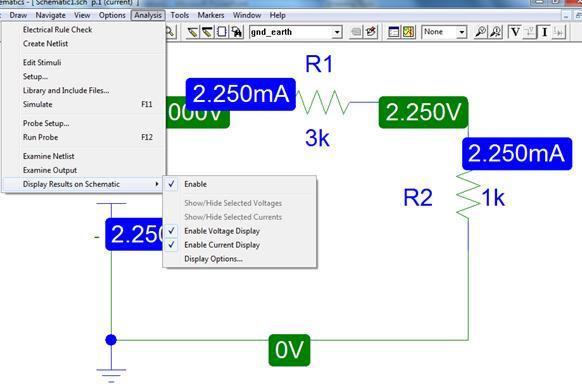 Click on Analysis/Display Results on Schematic and enable the voltage and/or current display.