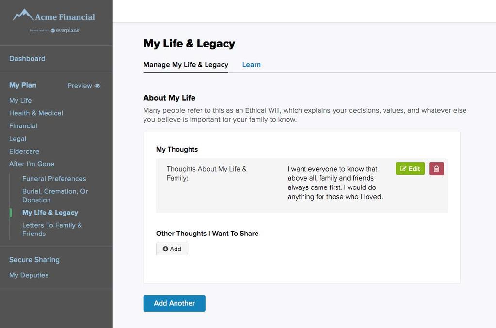 Getting personal about your life and legacy. The Everplans platform is easy to navigate.