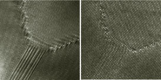 Comparison of a not Cs-corrected (left) and a Cs-corrected (right) HR-TEM image on the same area of a polycrystalline gold sample in <110> direction.