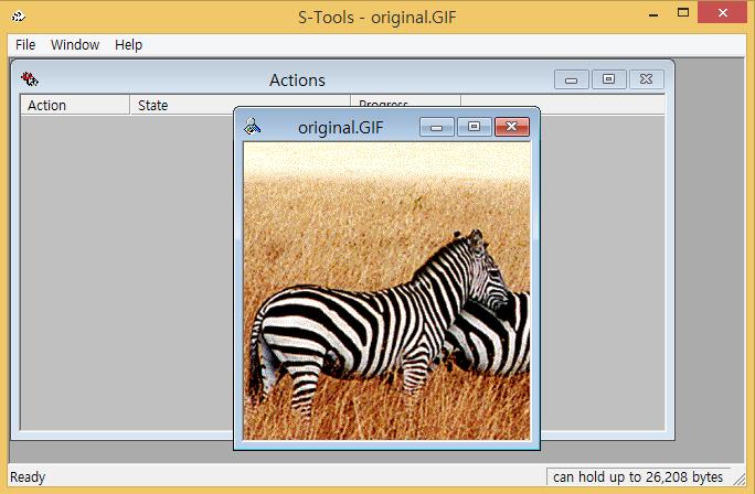 Using Tools : S-tools Example Drag-Drop the original target file This program supports GIF, BMP, WAV only.