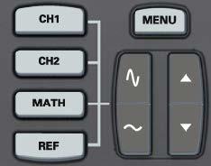 2. Menu (CH1, CH2): Display vertical menu options; turn on or off the display of channel waveforms.