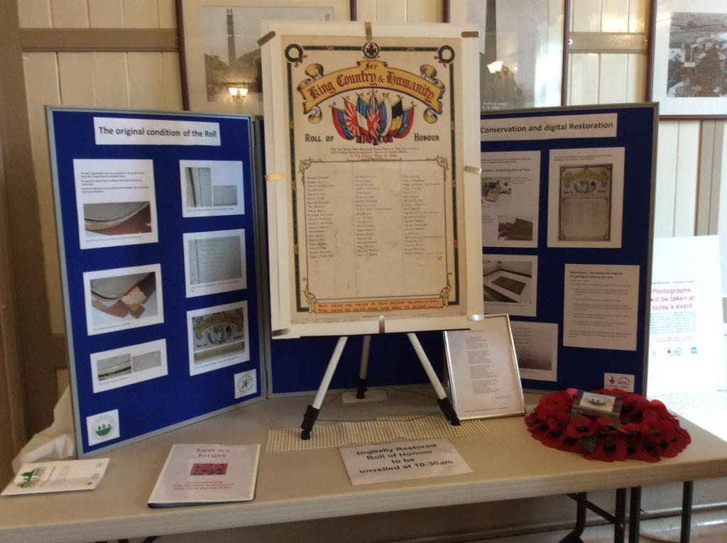 The digitally-restored Farnhill Methodist Chapel WW1 Roll of Honour on display as part of the From Farnhill to the Front exhibition The