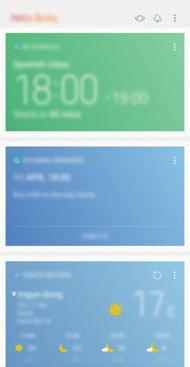 Aplicații și caracteristici Folosirea Bixby Home Pe ecranul Bixby Home, puteți vizualiza servicii și informații recomandate pe care Bixby le oferă analizând modul dvs. de utilizare și rutina dvs.