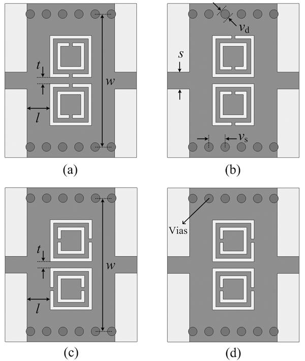 Figure 3.2 Configurations of the proposed SIW-CSRR unit cells, in which the CSRRs are (a) Face-to-face, (b) Back-to-back, (c) Side-by-side reversely oriented and (d) Side-by-side equally oriented.