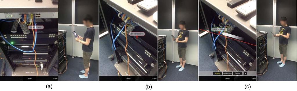 Fig. 1. Example of a user placing an annotation with SlidAR. (A) The user places the label "Do not detach" onto the blue cable. (b) After shifting the user s viewpoint, the label appears misplaced.