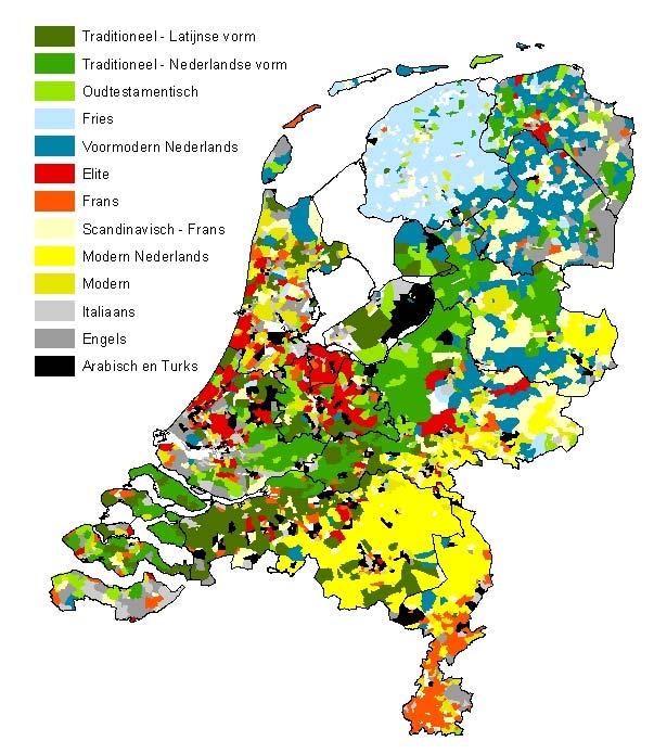 ap of urrent rst names Typical name group per postal code area Traditional Latinized Traditional Dutch Old Testament Frisian
