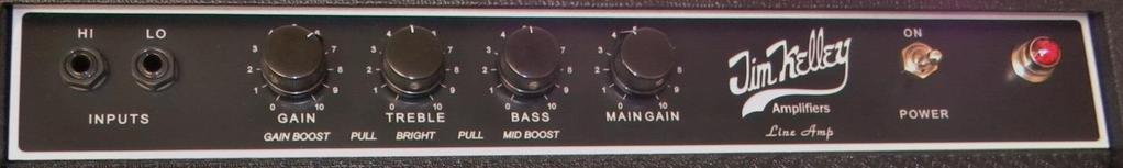 Front Panel: Gain control, with a pull switch for Gain Boost; Treble control, with a pull switch for Bright boost; Bass control, with a pull switch for Mid Boost; and the Main Gain master volume