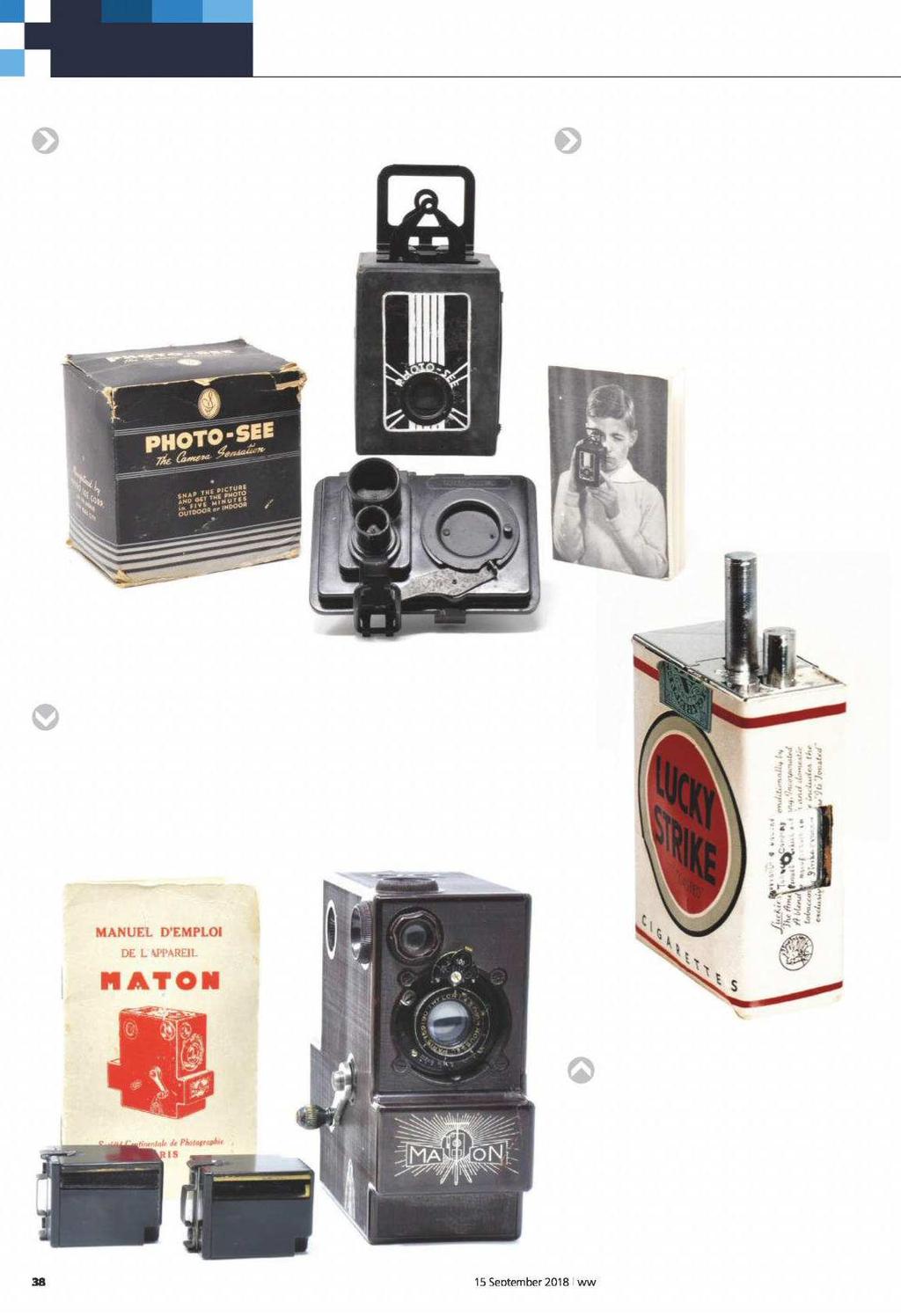 Testbench COLLECTING CAMERAS 1936 Photo-See Twelve years before Polaroid s fi rst instant picture camera, the American Photo See Corporation made this small box camera, which shot and developed an