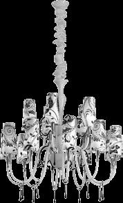 Odry S15 Lampadario in vetro soffiato bianco latte, disponibile nelle varianti a 10+5, 8+4, 10, 8 e 6 luci, particolari metallici in cromo, elementi decorativi e pendenti in vetro soffiato nero.