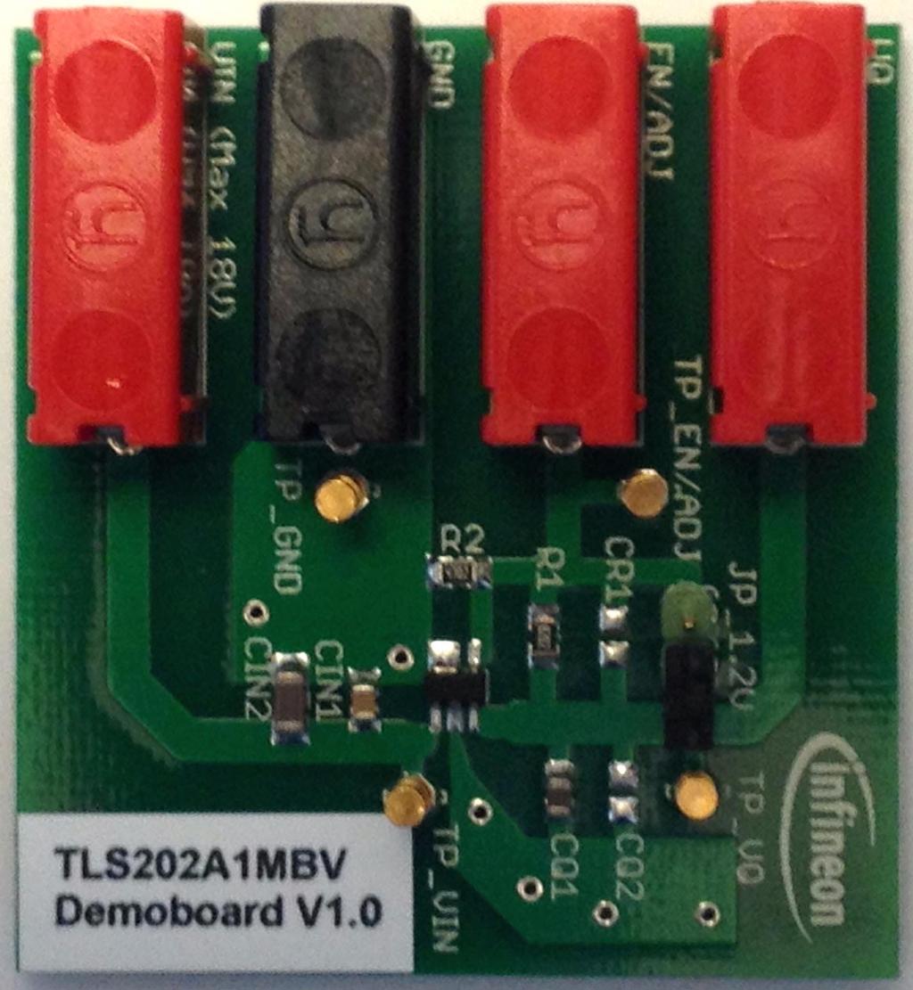 Demonstration Board 2 Demonstration Board The TLS202A1 Demonstration Board is equiped by default with TLS202A1 and all necessary components. Figure 2 TLS202A1 Demo Board 2.