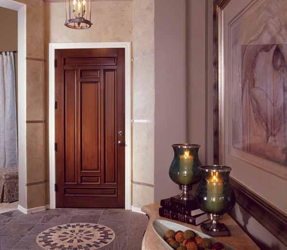 IWP AURORA CLASSIC COLLECTION DOOR: A302 MAHOGANY WOODGRAIN, CARAMEL FINISH A401B Door Glass, B Glass (Clear Beveled, Glue Chip, Clear Water), Patina Caming A401B Sidelight Glass, B