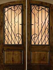 IWP AURORA DECORATIVE METAL GRILLE DOORS A1260 Mahogany Woodgrain Doors, Caramel Finish, Clear IG Glass, with Helios Grille in Dark Patina, Optional Segment Top A1260 Knotty