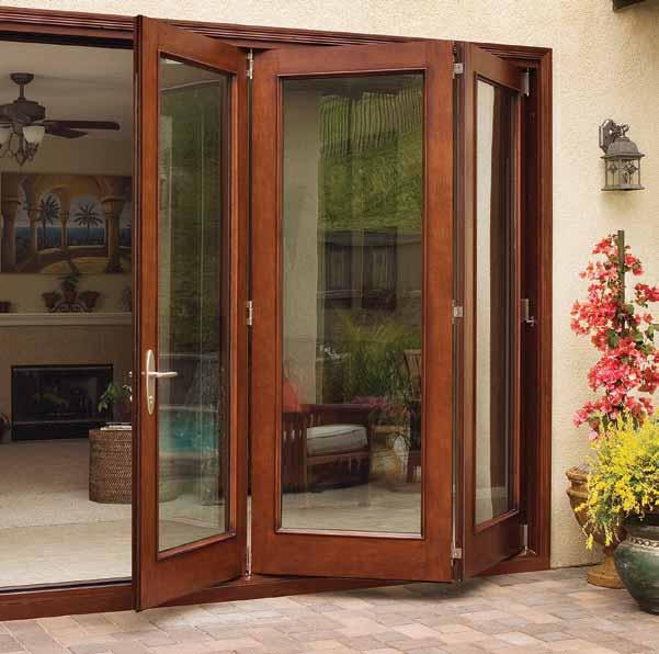 FOLDING DOOR SYSTEM: A5001 MAHOGANY WOODGRAIN, CARAMEL FINISH, CLEAR IG GLASS Folding door hardware For security, our folding door systems feature key-locking drop bolts, along with night latches and