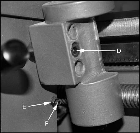 13.5 Half Nut Gib adjustment 1. Remove the thread dial assembly by unscrewing the screw (D, Fig. 21). 2. Loosen three hex nuts (E, Fig.