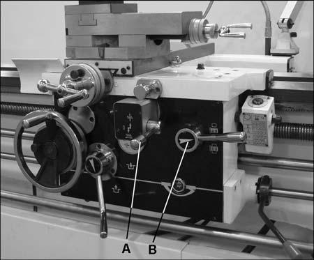 Reference the feed and thread chart on the front of the headstock (A, Figure 22). 2. Move levers and knobs (B/C/D/E, Figure 22) to the appropriate position according to the feed and thread chart.