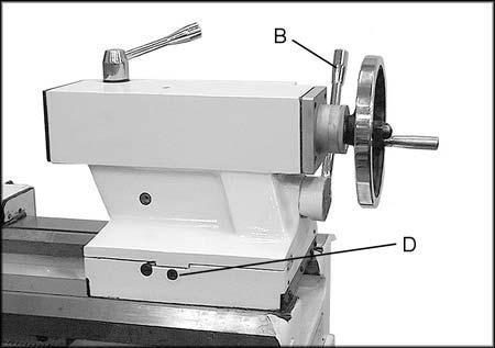 Loosen tailstock in position by lowering locking handle (B, Figure 27) and loosening hexagon head eccentric shaft at back of tailstock. 2. Alternately loosen and tighten front and rear screws (D, Figure 27).