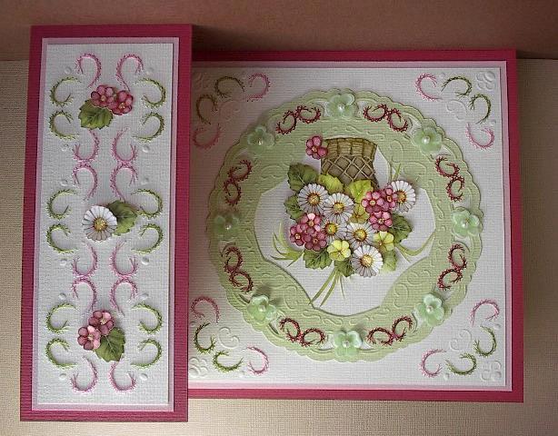 Basket with flowers Papicolor card: cerise (basic P33), light green (basic P47), carnation white (basic P03), blossom (basic P34) and green vellum Decoupage sheet: Diny van de Lustgraaf 1-2-3D punch