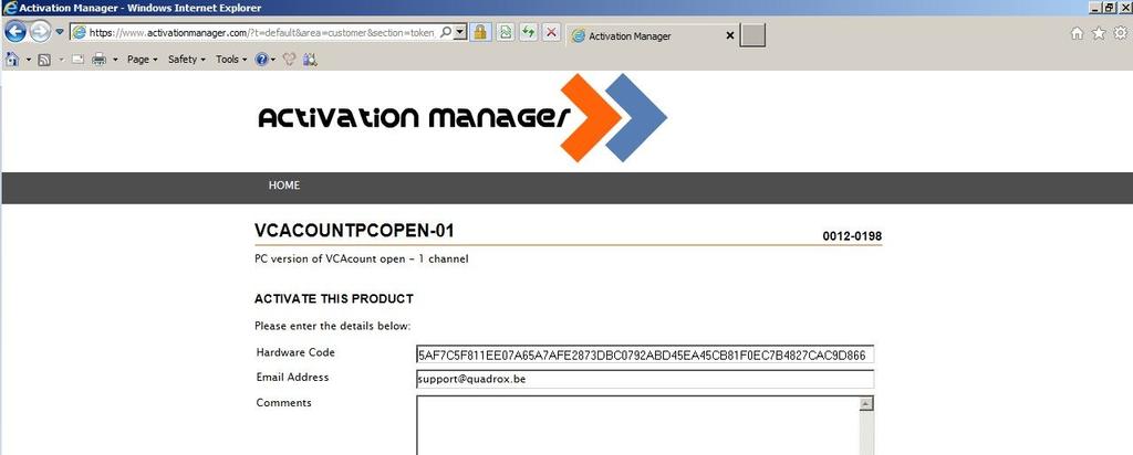 VCA Installation and Configuration manual 8 Activation Manager - Hardware Code Request Page 9.