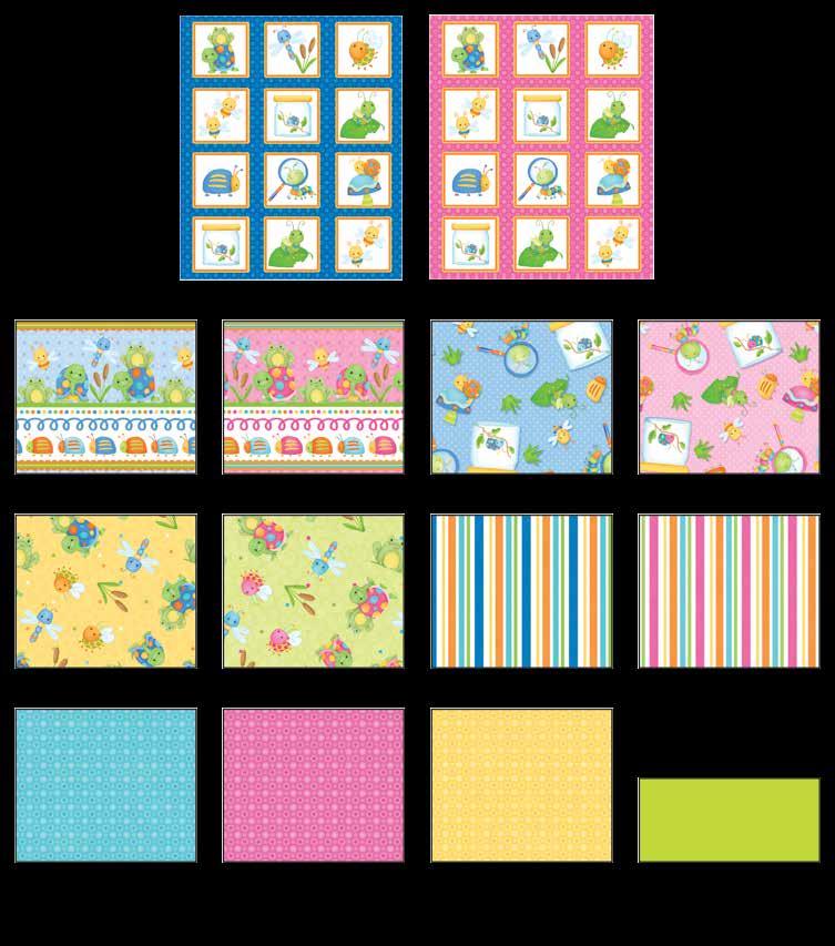 Cuddle Bugs inished Quilt Size: 47 x 53 abrics in the Collection Bugs in Squares - Blue 6694-11 Bugs in Squares - Pink 6694-22 Novelty Stripe - Blue 6695-11 Novelty Stripe - Pink 6695-22 Tossed Bugs