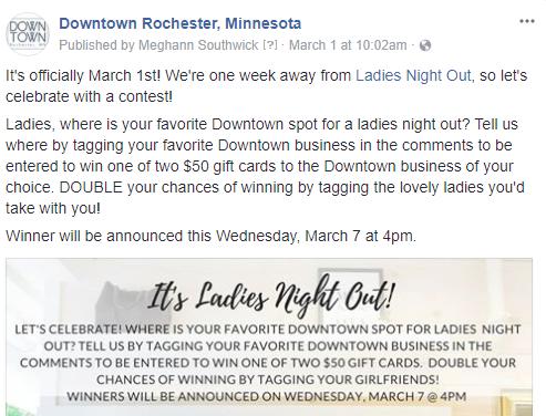 LADIES NIGHT OUT 2018 RECAP Social Media Marketing Facebook Ladies Night Out Event Page 737 Clicked Interested 109 Clicked Going 35k People Reached vs. 6,700 in 2017 (up 422%) 3,700 Page Views vs.
