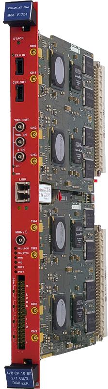 Figure 1. CAEN V1751 4/8 Channel 10 bit 2/1 GS/s Digitizer and its front panel. per link by means of CONET-compliant optical controllers, (CAEN Mod. A2818 or Mod. A3818).