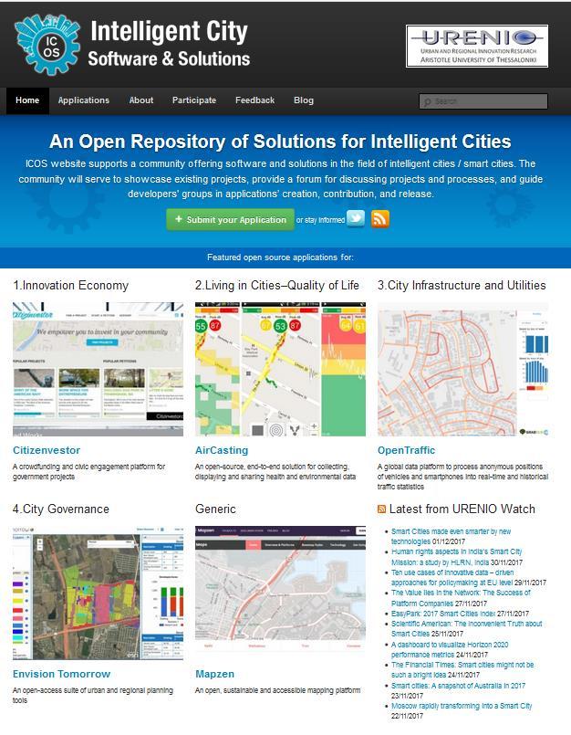 The ICOS Repository at URENIO Research: Applications for Smart Cities The open Intelligent City Software and Solutions Repository (ICOS) is an initiative to gather and promote smart city applications