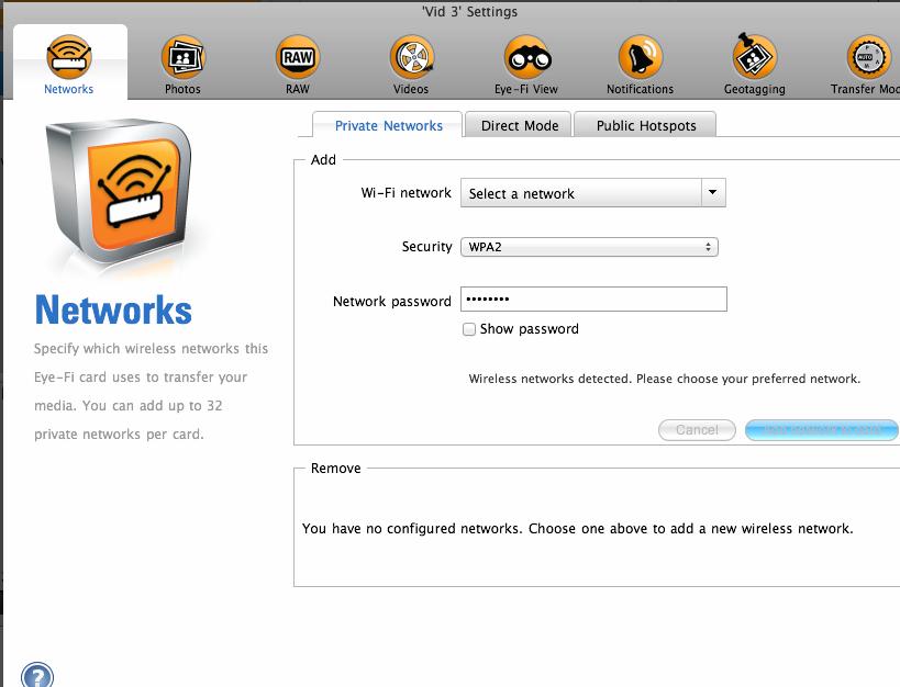 Select the appropriate security settings and enter the network password, then click add network to card ** Apple s implementation of WEP isn t supported by the Eyefi Pro X2 card.