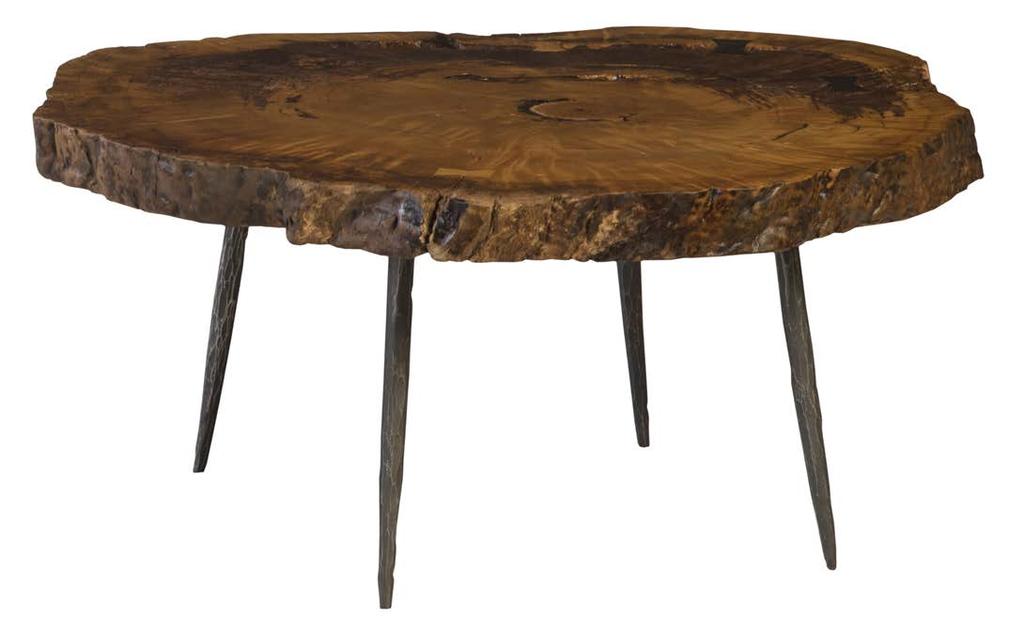 WOOD COFFEE TABLE, FORGED LEGS Reclaimed burl from a Mahogany