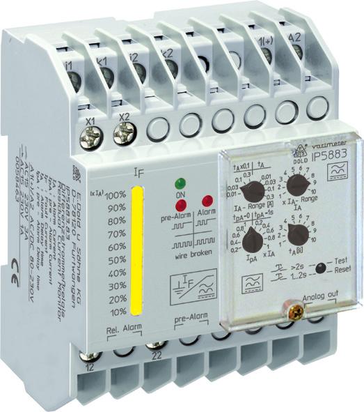 reset With adjustable pre-warning With adjustable switching delay Energized or de-energized on trip E indicator for operation, prewarning and alarm E-chain indicates fault current Analogue output