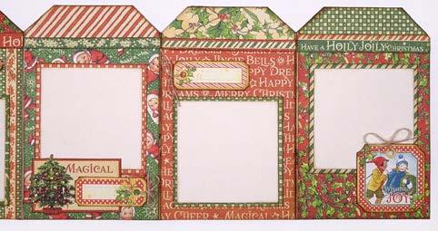 Follow same photo for next two panels. Cut a 3¼ x 3¼ (B-side) Happy Holly Days, and a 3 x 3 ivory cardstock mat. Adhere. Add the Snowy Kids cut-apart from Gifting Gala.